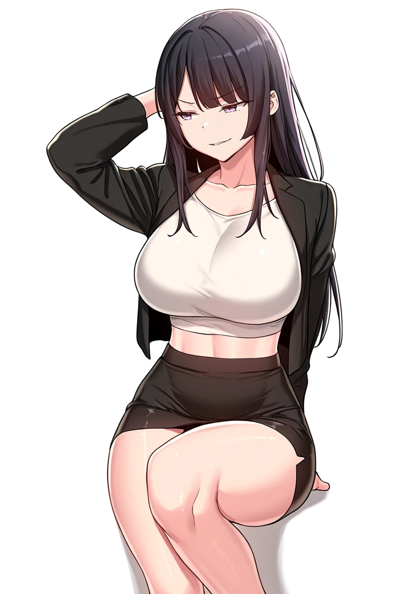1girl, solo, long hair, breasts, looking at viewer, blush, smile, bangs, large breasts, simple background, black hair, thighhighs, white background, dress, bare shoulders, closed mouth, purple eyes, full body, boots, sleeveless, black thighhighs, armpits, black footwear, high heels, sweater, bare arms, sideboob, turtleneck, thigh boots, squatting, fishnets, high heel boots, meme attire, backless outfit, turtleneck sweater, white sweater, sleeveless turtleneck, sweater dress