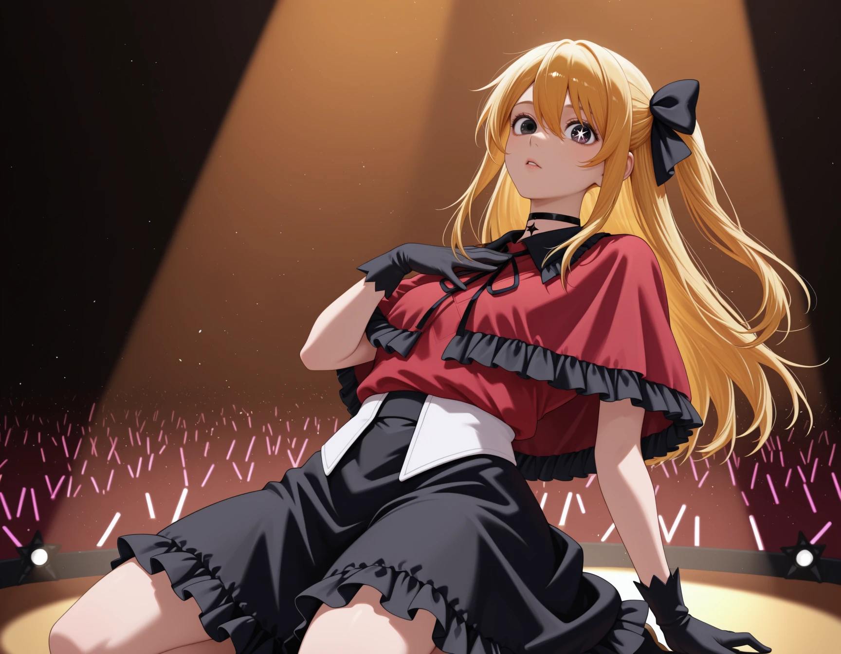 1girl, solo, looking at viewer, hand on own chest, leaning back, kneeling, concert, spotlight, stage, <lora:kwon_eun-bi_cosplay:1> <lora:oshinoko_rubyhoshino_illustriousXL:1> rbhshnidol, long hair, blonde hair, sidelocks, hair between eyes, one side up, hair bow, black bow, black eyes, star-shaped pupils, idol clothes, frills, red capelet, frilled capelet, collared capelet, neck ribbon, black ribbon, red shirt, black gloves, black skirt, frilled skirt, black choker