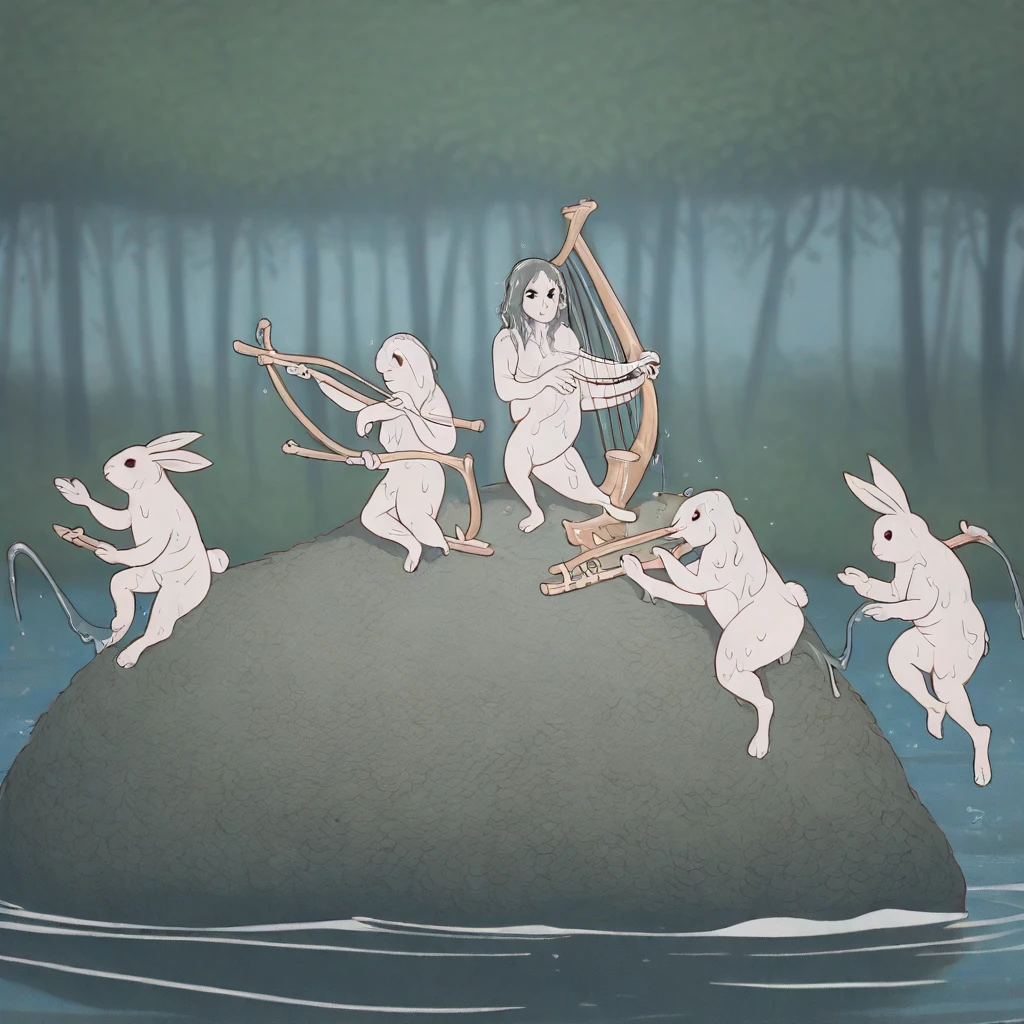 Forest, waterfall, lake, nature, scenery, (people in the background, people swimming, people playing instrument), masterpiece, best quality, amazing quality, depth of field, absurdres, full body, dynamic pose, high contrast, (female focus), light particles, intricate details, 1female, rabbit, anthro, clothes, camping, sitting, on a boulder, hand rest, pose, looking at the side, annoyed, ((wet body, wet hair, wet fur, dripping wet, wet clothes)), cleavage, one bent knee, detailed limbs