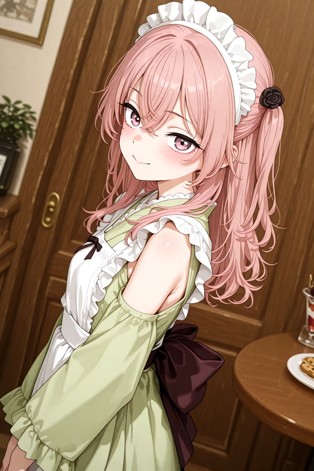 masterpiece, best quality, amazing quality, 1girl, solo, makeup, general, cowboy shot, looking at viewer, blush, dramatic angle, smile, cafe, indoors, fancy, blush, lovely, from side, cookie, dutch angle, <lora:sajuna-inui-s1-illustriousxl-lora-nochekaiser:0.8>, sajuna inui, inui sajuna, long hair, bangs, hair ornament, hair between eyes, pink hair, pink eyes, two side up, crossed bangs, mature female, small breasts, <lora:MatchaCore_Miku_Matcha_Green_Tea_Parfait_Dress:1>, MatchaCore_Miku_Matcha_Green_Tea_Parfait_Dress, frills, japanese clothes, green kimono, frilled kimono, green dress, wide sleeves, green sleeves, wa maid, maid headdress, hair ornament, maid apron, white apron, frilled apron, ((detached sleeves)), frilled sleeves, ribbon, bow, back bow, hair flower, <lora:wai-A3-V140:1>, <lora:illustrious_noobai_epsilon_pred_1_masterpieces_v1:1>