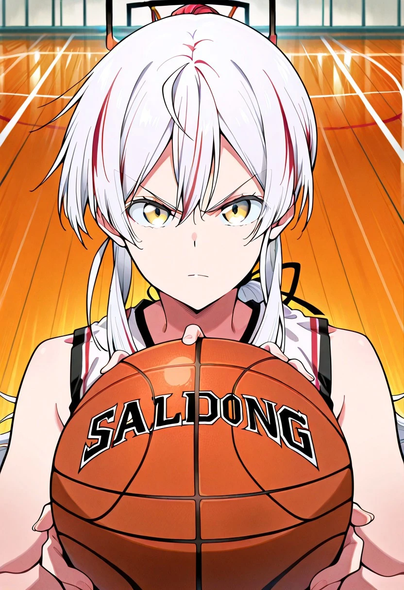 Masterpiece, top quality, amazing quality, Score_9, Score_8_up, Score_7_up, core_9, Score_8_up, Score_7_up, alone, 1 mature female, alone, ,
Ryuuga Hinomori, 1girl, white hair, long lock of red hair in front, (golden eyes: 1.2),
tie, long hair, long ponytail, pants, shirt, white vest, black pantsuit, white shirt,
<lora:basketball-grip-illustriousxl-lora-nochekaiser:1>, basketball grip, solo, looking at viewer, shirt, holding, closed mouth, upper body, sleeveless, v-shaped eyebrows, ball, serious, sportswear, holding ball, basketball (object), basketball, basketball uniform,, ,