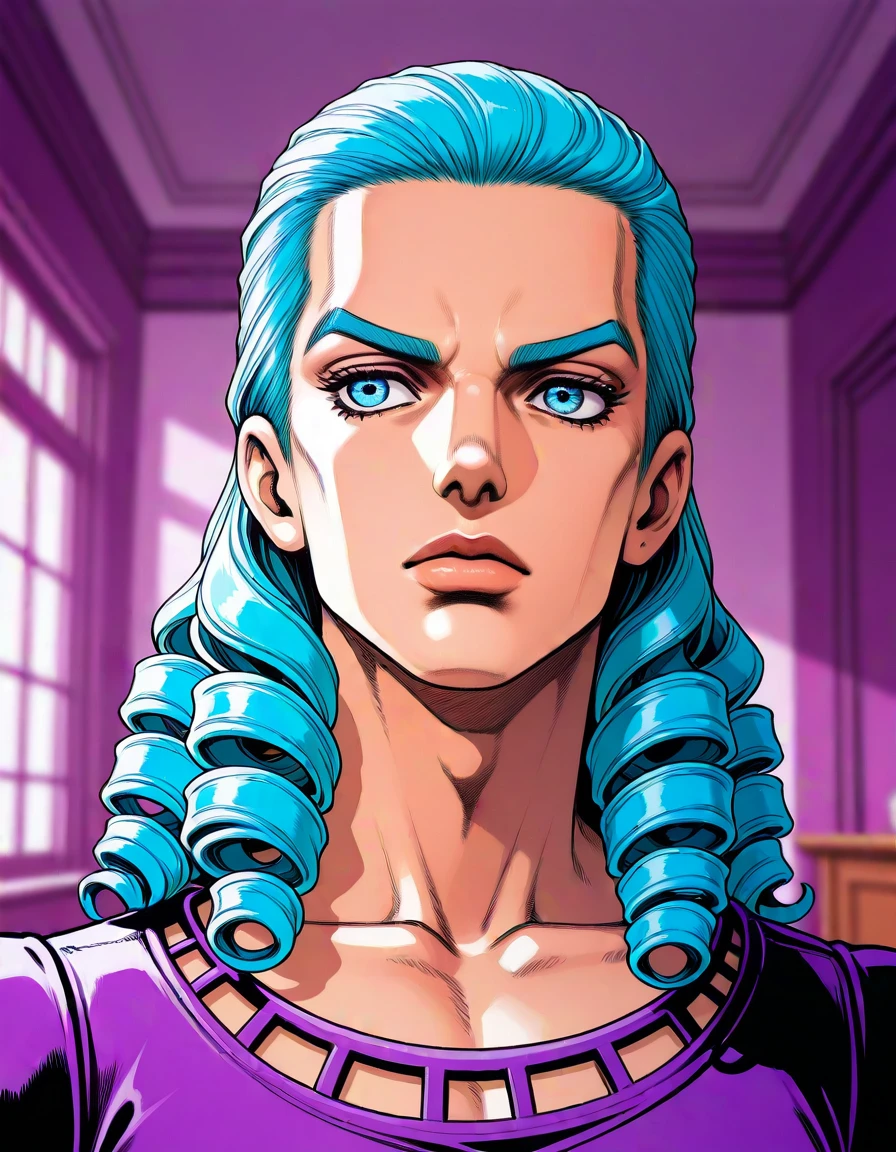 masterpiece, best_quality, very_aesthetic, highres, absurdres, ultra detailed, 
<lora:negXL:0.5 >
, drill hair, grey-blue eyes,    
 <lora:araki_hirohiko_IL_MIX:1.2>   1boy, araki hirohiko, jojo, portrait,, indoors, , blurry background,, novel illustration,      illustration,, purple theme,perutrim,