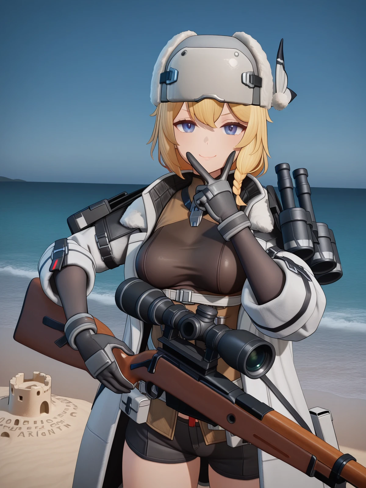 masterpiece, best quality, amazing quality,, <lora:mosin-nagant-gfl2-ingame-illustriousxl-lora-nochekaiser:1>, mosin nagant, long hair, blue eyes, blonde hair, bangs, braid, mature female, medium breasts, short ponytail, 3d, gloves, hat, holding, closed mouth, jacket, weapon, open clothes, shorts, black gloves, holding weapon, coat, fur trim, gun, white headwear, white jacket, holding gun, rifle, white coat, sniper rifle, fur hat, scope, bolt action, ushanka, v, v over mouth, smug,, beach, sand castle, swimsuit, summer vacation, ocean wave, hands behind head, cowboy shot, solo, looking at viewer,