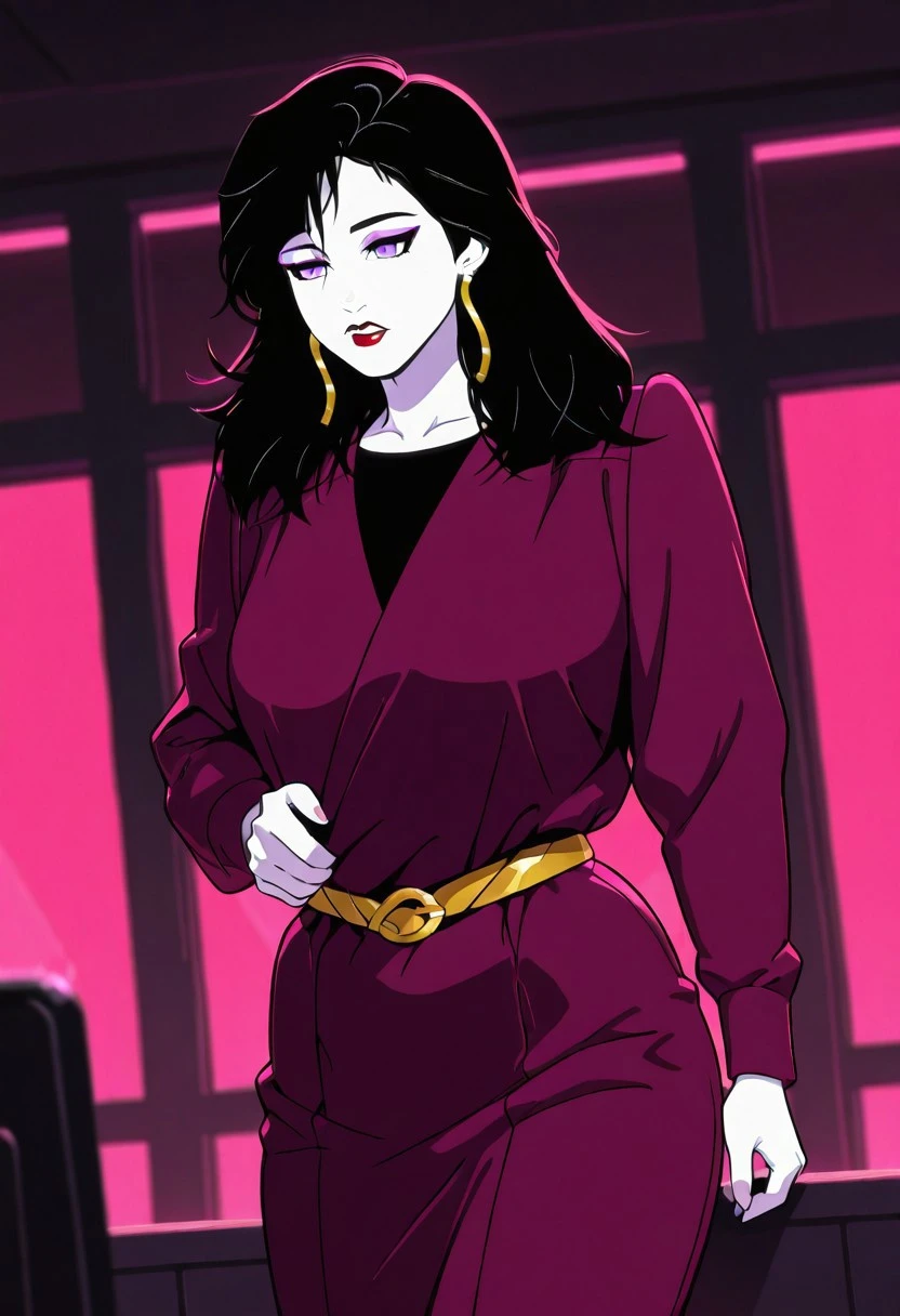 PizzazMillerMC, 1girl, solo, pale skin, black hair, long hair, bangs, messy hair, earrings, purple eyes, eyeshadow, makeup, full lips, red lipstick, plum purple dress, large breast, belt, thick thighs, long sleeves, shoes,
masterpiece, best quality, fine details, intricate details, depth of field, subsurface scattering, bokeh, ultra-detailed, very aesthetic, detailed background, newest, scenery, highres, absurdres, colorful, vibrant, glowing, perfect face, 2d, perfect eyes, vibrant saturated colors, volumetric lighting, sharp, detailed eyes, perfect anatomy, perfect face, perfect eyes, mature body, clear eyes, beautiful eyes, athletic, curvy body, athletic girl, perky tits, perfect tits, round breasts, pinup pose, teasing, lustful expression, perfect hands,
muscular female, dutch angle, dynamic pose,
,Smooth Negative, Smooth_Quality,