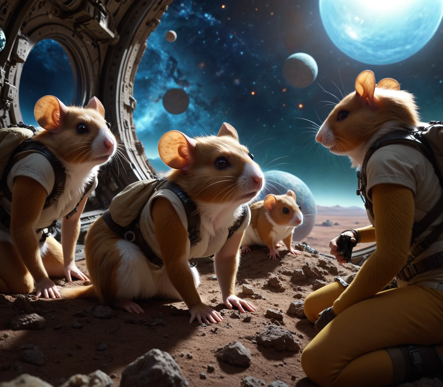 (Midjourney style:1.5), (cinematic masterpiece), High Fantasy, hyper-realistic, cinematic color grading, fine details, vivid colors, A wild looking (Hamster Anthro girl), a group of explorers discovering a lost civilization on a distant planet, a colony on a distant planet struggles for survival, Highly detailed background, creative composition, intricate details, epic, movie still