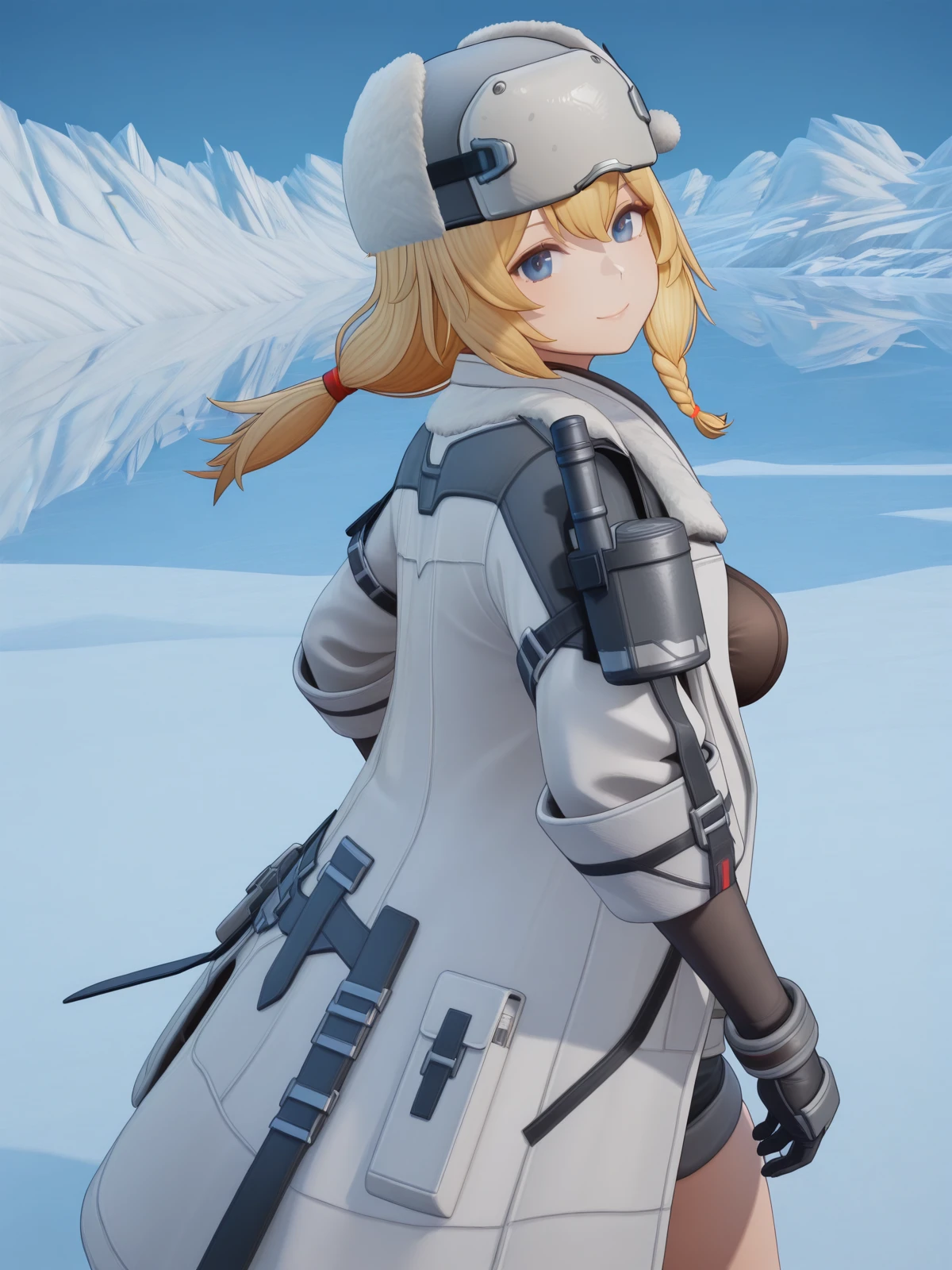 masterpiece, best quality, amazing quality,, <lora:mosin-nagant-gfl2-ingame-illustriousxl-lora-nochekaiser:1>, mosin nagant, long hair, blue eyes, blonde hair, bangs, braid, mature female, medium breasts, short ponytail, 3d, gloves, hat, jacket, open clothes, shorts, black gloves, coat, fur trim, white headwear, white jacket, white coat, fur hat, ushanka, <lora:shaft-look-illustriousxl-lora-nochekaiser:1>, shaft look, looking back, from behind, head tilt, cowboy shot, smile,, glacier, ice, cold, blue, snowy, cowboy shot, solo, looking at viewer,