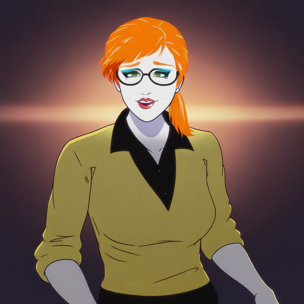 ChrysalisTateMC, 1girl, solo, pale skin, orange hair, ponytail, bangs, glasses, green eyes, eyeshadow, makeup, full lips, red lipstick, yellow shirt, black collar, rolled up sleeves, large breast, thick thighs, black pants, shoes, high heels, without socks, masterpiece, best quality, fine details, intricate details, depth of field, subsurface scattering, bokeh, ultra-detailed, very aesthetic, detailed background, newest, scenery, highres, absurdres, colorful, vibrant, glowing, perfect face, 2d, perfect eyes, vibrant saturated colors, volumetric lighting, sharp, detailed eyes, perfect anatomy, perfect face, perfect eyes, mature body, clear eyes, beautiful eyes, athletic, curvy body, athletic girl, perky tits, perfect tits, round breasts, pinup pose, teasing, lustful expression, perfect hands, muscular female,
