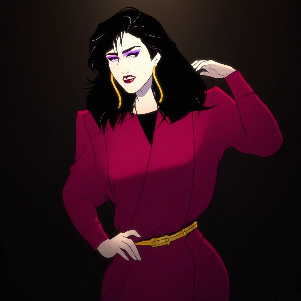 PizzazMillerMC, 1girl, solo, pale skin, black hair, long hair, bangs, messy hair, earrings, purple eyes, eyeshadow, makeup, full lips, red lipstick, plum purple dress, large breast, belt, thick thighs, long sleeves, shoes, masterpiece, best quality, fine details, intricate details, depth of field, subsurface scattering, bokeh, ultra-detailed, very aesthetic, detailed background, newest, scenery, highres, absurdres, colorful, vibrant, glowing, perfect face, 2d, perfect eyes, vibrant saturated colors, volumetric lighting, sharp, detailed eyes, perfect anatomy, perfect face, perfect eyes, mature body, clear eyes, beautiful eyes, athletic, curvy body, athletic girl, perky tits, perfect tits, round breasts, pinup pose, teasing, lustful expression, perfect hands, muscular female,