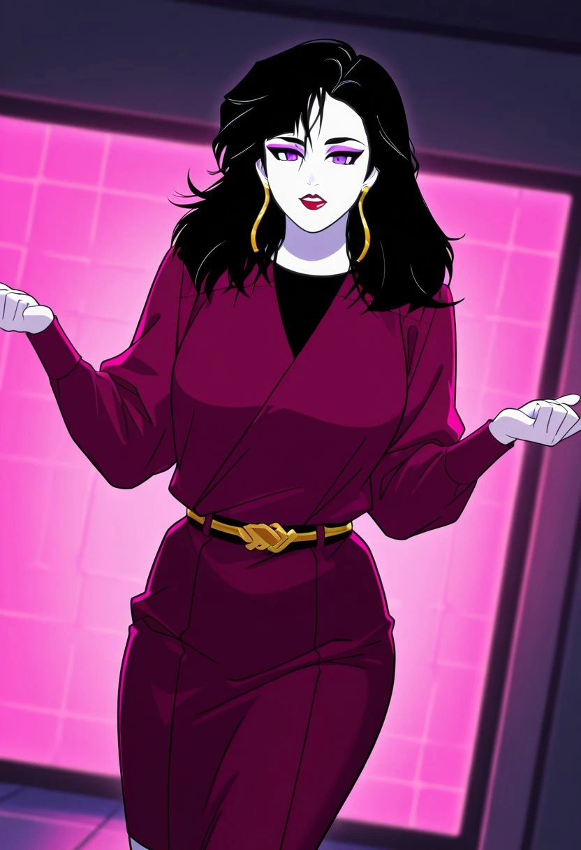 PizzazMillerMC, 1girl, solo, pale skin, black hair, long hair, bangs, messy hair, earrings, purple eyes, eyeshadow, makeup, full lips, red lipstick, plum purple dress, large breast, belt, thick thighs, long sleeves, shoes,
masterpiece, best quality, fine details, intricate details, depth of field, subsurface scattering, bokeh, ultra-detailed, very aesthetic, detailed background, newest, scenery, highres, absurdres, colorful, vibrant, glowing, perfect face, 2d, perfect eyes, vibrant saturated colors, volumetric lighting, sharp, detailed eyes, perfect anatomy, perfect face, perfect eyes, mature body, clear eyes, beautiful eyes, athletic, curvy body, athletic girl, perky tits, perfect tits, round breasts, pinup pose, teasing, lustful expression, perfect hands,
muscular female, dutch angle, dynamic pose,
,Smooth Negative, Smooth_Quality,