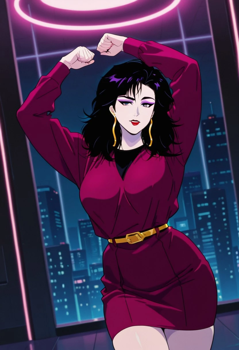 PizzazMillerMC, 1girl, solo, pale skin, black hair, long hair, bangs, messy hair, earrings, purple eyes, eyeshadow, makeup, full lips, red lipstick, plum purple dress, large breast, belt, thick thighs, long sleeves, shoes,
masterpiece, best quality, fine details, intricate details, depth of field, subsurface scattering, bokeh, ultra-detailed, very aesthetic, detailed background, newest, scenery, highres, absurdres, colorful, vibrant, glowing, perfect face, 2d, perfect eyes, vibrant saturated colors, volumetric lighting, sharp, detailed eyes, perfect anatomy, perfect face, perfect eyes, mature body, clear eyes, beautiful eyes, athletic, curvy body, athletic girl, perky tits, perfect tits, round breasts, pinup pose, teasing, lustful expression, perfect hands,
muscular female, dutch angle, dynamic pose,
,Smooth Negative, Smooth_Quality,
90s_anime_aesthetic, 1990s (style), retro, retro artstyle