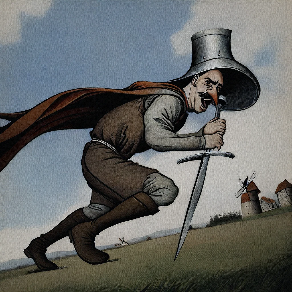 foreshortening, scenery, (windmill in the background), masterpiece, amazing quality, very aesthetic, atmospheric perspective, unfocused foreground, depth of field, full body, dynamic pose, high contrast, (male focus), male, don quixote \(literature\), mature, cuirass, metal hat, big nose, skinny, athletic, long dark moustache, medieval clothes, puffy sleeves, cape, boots, brown cargo shorts, open mouth, determined, furrowed eyebrows, bent forward, one foot slightly raised, one slightly bent knee, profile, turned head, looking at the viewer, (dynamic pose), tilted midsection, holding a sword by the hilt, (dutch angle), ((side view))