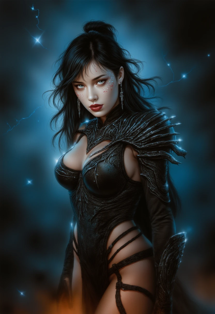 (best quality,4k,8k,highres,masterpiece:1.2),ultra-detailed,(realistic,photorealistic,photo-realistic:1.37),HDR,UHD,ultra-fine painting,sharp focus,physically-based rendering,professional,vivid colors,(A woman with enchanting beauty, adorned attire. Her expressive eyes captivate the viewer, reflecting determination and strength. Her flawless dark skin glows with a hint of radiance, lending an ethereal quality to her appearance. [intricate henna design] adorns her hands, symbolizing her cultural heritage.),(In the composition, we see the woman positioned in a covert manner, lurking in the shadows like a shadow assassin. The dim lighting plays with the contrast, emphasizing her mysterious aura. A hint of moonlight softly illuminates her face, highlighting her strong facial features and adding an air of intrigue to the scene.),(Surrounding the woman, we observe a spectral form, an embodiment of her vigilance. This ghostly presence serves as her ally, aiding her in her pursuit of justice. The translucent figure intertwines with the physical world, blurring the boundaries of reality. Its wispy form adds an element of the supernatural, enhancing the overall enigmatic atmosphere.),(Drawing her blade weapon swiftly from its sheath, the woman's poised stance exudes confidence and readiness for action. The finely detailed weapon gleams with a deadly elegance, showcasing the exquisite craftsmanship.),(The woman remains hidden in a dark corner, expertly blending into the shadows. Her concealed position adds a sense of suspense and anticipation to the narrative. From here, she patiently awaits her prey, her eyes glimmering with determination. The scene holds a palpable tension, as the viewer becomes immersed in the imminent confrontation.),(As the mist rolls in, the woman's body begins to vanish, merging seamlessly with her surroundings. This transformative ability speaks to her skill as a stealth warrior.)