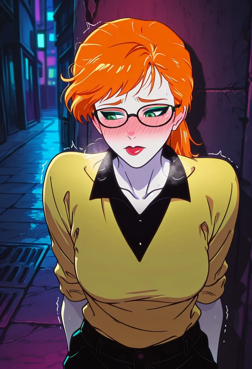 ChrysalisTateMC, 1girl, solo, pale skin, orange hair, ponytail, bangs, glasses, green eyes, eyeshadow, makeup, full lips, red lipstick, yellow shirt, black collar, rolled up sleeves, large breast, thick thighs, black pants, shoes, high heels, without socks,
masterpiece, best quality, fine details, intricate details, depth of field, subsurface scattering, bokeh, ultra-detailed, very aesthetic, detailed background, newest, scenery, highres, absurdres, colorful, vibrant, glowing, perfect face, 2d, perfect eyes, vibrant saturated colors, volumetric lighting, sharp, detailed eyes, perfect anatomy, perfect face, perfect eyes, mature body, clear eyes, beautiful eyes, athletic, curvy body, athletic girl, perky tits, perfect tits, round breasts, pinup pose, teasing, lustful expression, perfect hands,
muscular female, dutch angle, dynamic pose,
from above, upper body, pov, standing, back against wall, arms behind back, sad eyes, looking down, looking to the side, avoiding eye contact, makeup, mascara, thick lips, red lips, lipstick, (heavy breathing, :1.2), sweating profusely, (embarrassed, humiliated, full-face blush, wavy mouth, trembling, glossy skin, skindentation, outdoors, quiet alley, flickering light, dark, night, suspenseful, intense,
,Smooth Negative, Smooth_Quality,
dark_fantasy_style, dark fantasy, retro,