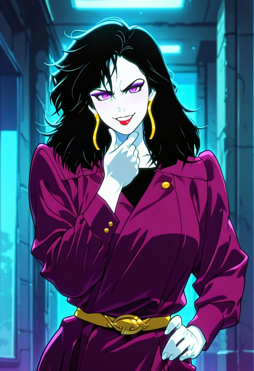 PizzazMillerMC, 1girl, solo, pale skin, black hair, long hair, bangs, messy hair, earrings, purple eyes, eyeshadow, makeup, full lips, red lipstick, plum purple dress, large breast, belt, thick thighs, long sleeves, shoes,
masterpiece, best quality, fine details, intricate details, depth of field, subsurface scattering, bokeh, ultra-detailed, very aesthetic, detailed background, newest, scenery, highres, absurdres, colorful, vibrant, glowing, perfect face, 2d, perfect eyes, vibrant saturated colors, volumetric lighting, sharp, detailed eyes, perfect anatomy, perfect face, perfect eyes, mature body, clear eyes, beautiful eyes, athletic, curvy body, athletic girl, perky tits, perfect tits, round breasts, pinup pose, teasing, lustful expression, perfect hands,
muscular female, dutch angle, dynamic pose,
upper body, standing, contrapposto, hand on hip, beckoning, come hither, hand up, head tilt, chin up, taunting, glowing eyes, facing viewer, looking at viewer, glaring at viewer, arrogant, devilish, evil grin
,Smooth Negative, Smooth_Quality,
dark_fantasy_style, dark fantasy, retro,