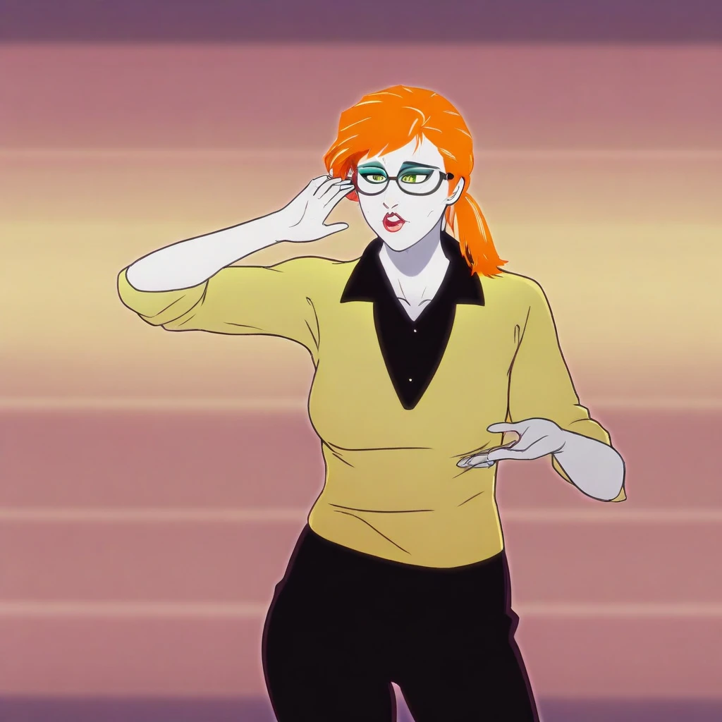 ChrysalisTateMC, 1girl, solo, pale skin, orange hair, ponytail, bangs, glasses, green eyes, eyeshadow, makeup, full lips, red lipstick, yellow shirt, black collar, rolled up sleeves, large breast, thick thighs, black pants, shoes, high heels, without socks, masterpiece, best quality, fine details, intricate details, depth of field, subsurface scattering, bokeh, ultra-detailed, very aesthetic, detailed background, newest, scenery, highres, absurdres, colorful, vibrant, glowing, perfect face, 2d, perfect eyes, vibrant saturated colors, volumetric lighting, sharp, detailed eyes, perfect anatomy, perfect face, perfect eyes, mature body, clear eyes, beautiful eyes, athletic, curvy body, athletic girl, perky tits, perfect tits, round breasts, pinup pose, teasing, lustful expression, perfect hands, muscular female,