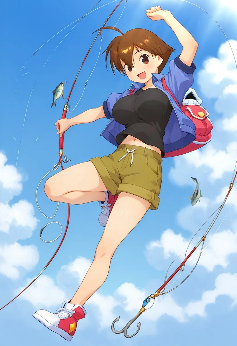1girl, highest quality, best shadow, angle, brown pupils, breeze blow, (anime style), ((reflection light)), ((best quality)), 1080p, Detailed small breasts, Realistic skin feeling, headband, blue top, blue blouse, (pleated super short skirt:1.3), (mini skirt:1.3), leather gloves, socks, white sneakers, white shirt, pink neckerchief, panty focus, ((skirt lift)), (((emphasis on blue vest))), ((emphasis on short brown hair)), clenched fists, from below, look up to, Skirt flipping in the wind, arms outstretched, twirling, revolving, in mid air, panchira: 1.2, crop top overhang, perfect white panty, bright eyes, accurate teeth with gaps, (beautiful finely detailed eyes: 1.2)
