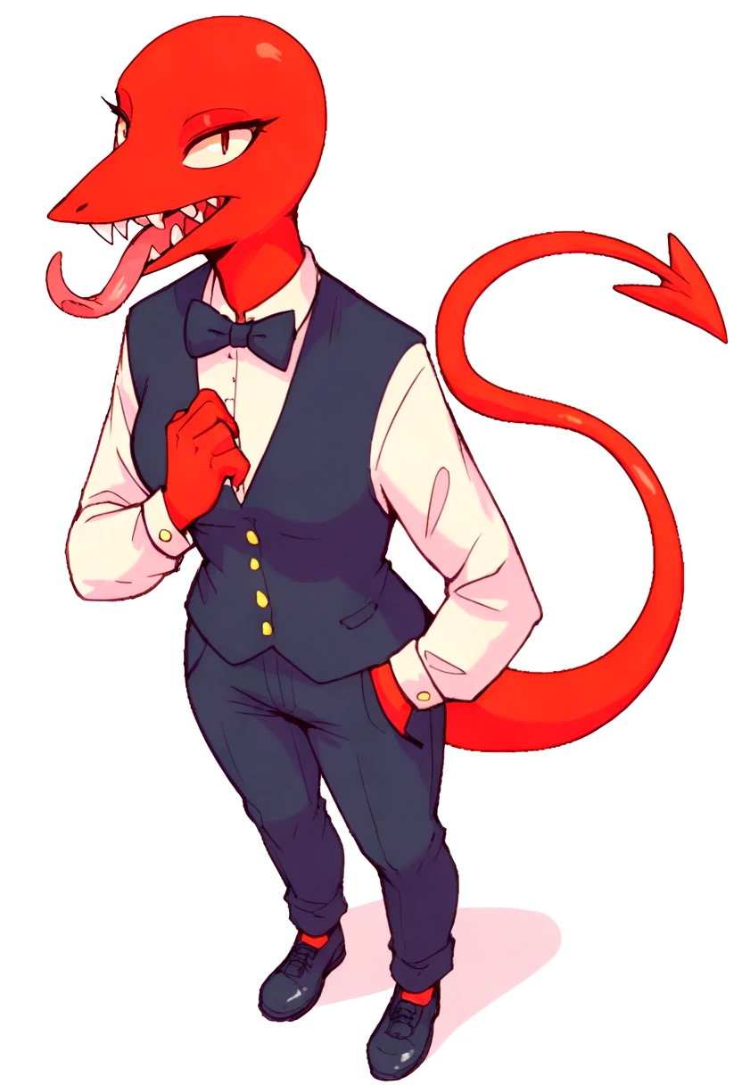 Masterpiece, best quality, guilmon, red body,  <lora:SAU Guilmon V1:0.8>, red body, (large claws:1.4), business suit,  amber eyes, 1girl, (hand on hips), white nails, black tattoo, tribal tattoo, tattoo on face