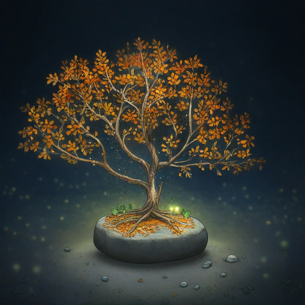 musky forest , some rock , night, a very artistic bonsai, silver Roots, silver Trunk, silver Branches, [autumn leaves:blue gems], fireflies, masterpiece,  amazing quality, very aesthetic, hdr, light particles, intricate details, 8k, ambient occlusion, blurry foreground, branches in foreground, depth of field,  high resolution, dappled light, (lens flare),   spotlight, animals on the branches