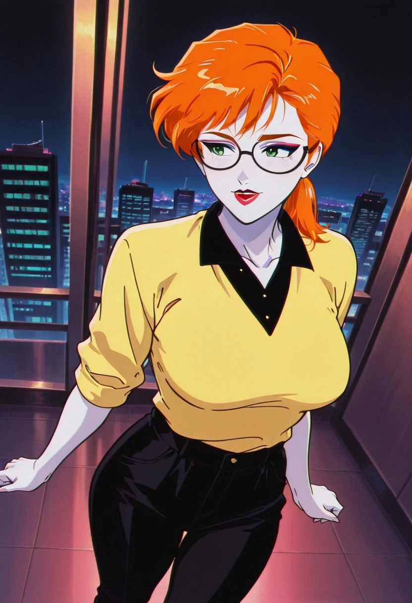 ChrysalisTateMC, 1girl, solo, pale skin, orange hair, ponytail, bangs, glasses, green eyes, eyeshadow, makeup, full lips, red lipstick, yellow shirt, black collar, rolled up sleeves, large breast, thick thighs, black pants, shoes, high heels, without socks,
masterpiece, best quality, fine details, intricate details, depth of field, subsurface scattering, bokeh, ultra-detailed, very aesthetic, detailed background, newest, scenery, highres, absurdres, colorful, vibrant, glowing, perfect face, 2d, perfect eyes, vibrant saturated colors, volumetric lighting, sharp, detailed eyes, perfect anatomy, perfect face, perfect eyes, mature body, clear eyes, beautiful eyes, athletic, curvy body, athletic girl, perky tits, perfect tits, round breasts, pinup pose, teasing, lustful expression, perfect hands,
muscular female, dutch angle, dynamic pose,
,Smooth Negative, Smooth_Quality,
90s_anime_aesthetic, 1990s (style), retro, retro artstyle
