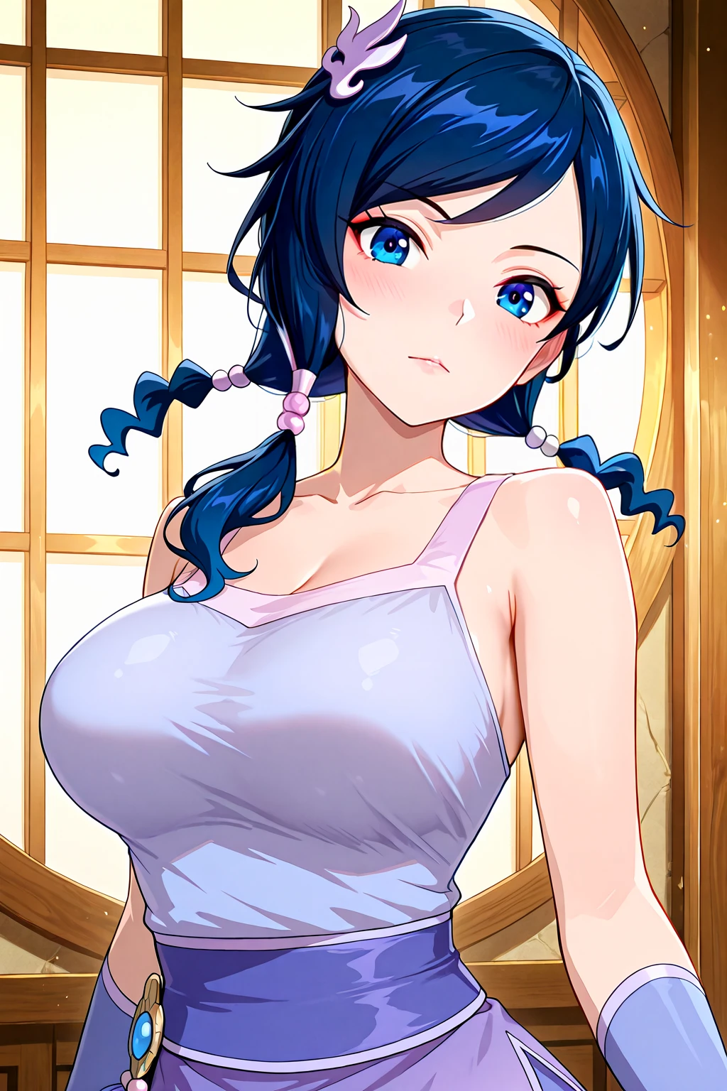 1girl, ultra high res, large chest, cleavage, oversized shirt, bent down, thigh, smile,