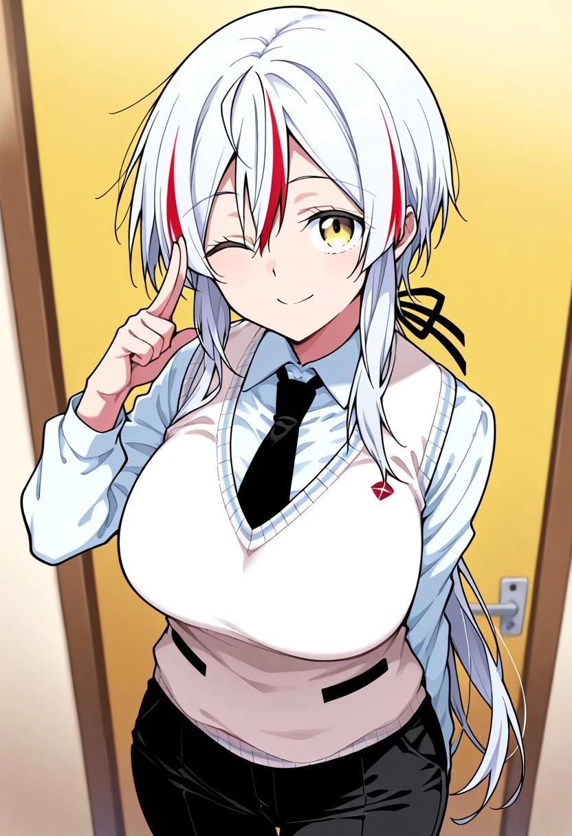 Masterpiece, top quality, amazing quality, Score_9, Score_8_up, Score_7_up, core_9, Score_8_up, Score_7_up, alone, 1 mature female, alone, , 
Ryuuga Hinomori, 1girl, white hair, long lock of red hair in front, (golden eyes: 1.2), 
tie, long hair, long ponytail, pants, shirt, white vest, black pantsuit, white shirt, smile, wink, looking at viewer