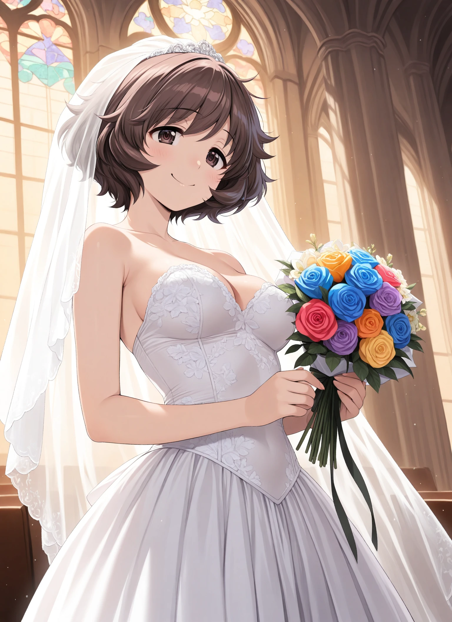 (1 person),(Best image quality, 8k, masterpiece:1.3),((Brown hair bob cut:1.1)),(Swept-apart bangs,Braiding), (Cute eyes, Dark Eyes), (Mole under right eye), (Slender), (Large Breasts),(Glowing Skin:1.1),(Pale skin:1.2),(Sweat),(A fantastic atmosphere),(look up),Ultra-high resolution, Textured skin, Sparkle Effect, Gazing at the audience,Wet body,
wedding,church,
White lace bra,White lace panties,bride,White garter belt,Holding a bouquet,happiness/joy,