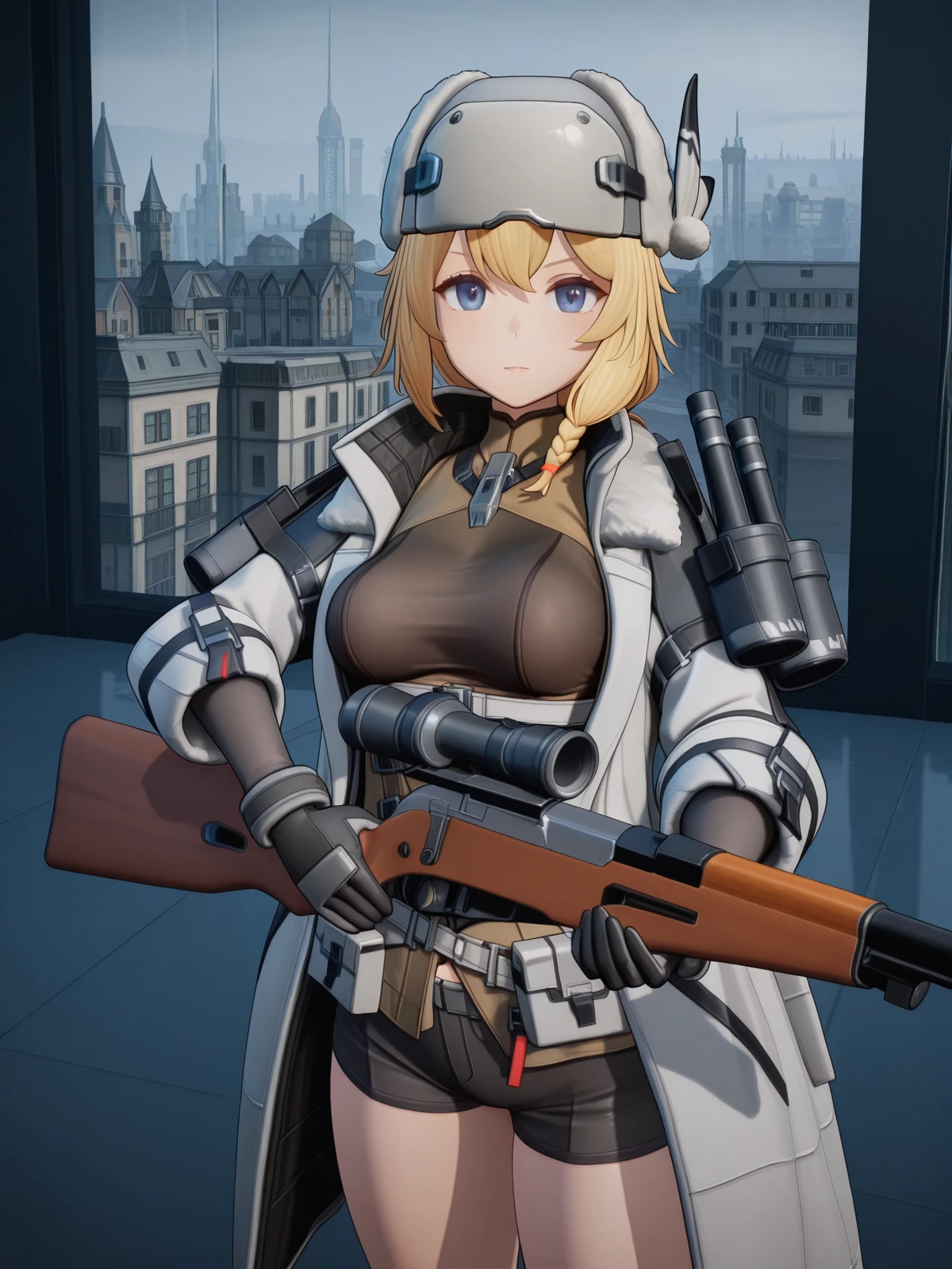 masterpiece, best quality, amazing quality,, <lora:mosin-nagant-gfl2-ingame-illustriousxl-lora-nochekaiser:1>, mosin nagant, long hair, blue eyes, blonde hair, bangs, braid, mature female, medium breasts, short ponytail, 3d, gloves, hat, jacket, open clothes, shorts, black gloves, coat, fur trim, white headwear, white jacket, white coat, fur hat, ushanka, <lora:dynamic-pose-illustriousxl-lora-nochekaiser:1>, dynamic pose, holding weapon, weapon, holding, cowboy shot, Buildings, architecture, man_made, urban, interior, cowboy shot, solo, looking at viewer,