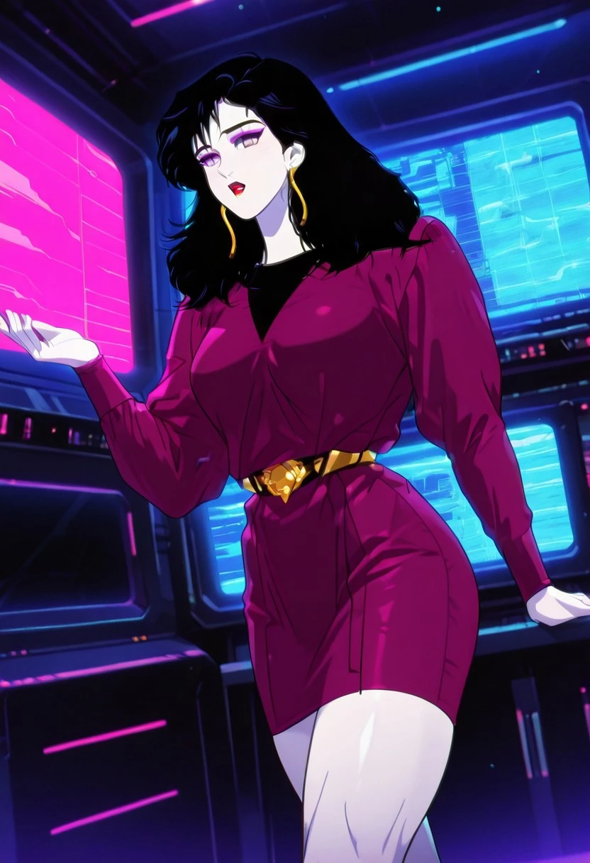 PizzazMillerMC, 1girl, solo, pale skin, black hair, long hair, bangs, messy hair, earrings, purple eyes, eyeshadow, makeup, full lips, red lipstick, plum purple dress, large breast, belt, thick thighs, long sleeves, shoes,
masterpiece, best quality, fine details, intricate details, depth of field, subsurface scattering, bokeh, ultra-detailed, very aesthetic, detailed background, newest, scenery, highres, absurdres, colorful, vibrant, glowing, perfect face, 2d, perfect eyes, vibrant saturated colors, volumetric lighting, sharp, detailed eyes, perfect anatomy, perfect face, perfect eyes, mature body, clear eyes, beautiful eyes, athletic, curvy body, athletic girl, perky tits, perfect tits, round breasts, pinup pose, teasing, lustful expression, perfect hands,
muscular female, dutch angle, dynamic pose,
,Smooth Negative, Smooth_Quality,
retro_celestial_scifi, retro artstyle