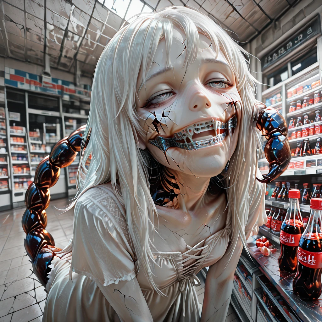 <lora:lazypos:1>, lazypos, masterpiece, best quality, amazing quality, very awa,absurdres,newest,very aesthetic,depth of field, highres, (photorealistic, realistic, 3d, photography) , <lora:spo_sdxl_10ep_4k-data_lora_webui:3> ,Dutch angle , Panorama , <lora:nonobugs_Illustrious:1>, 1girl, arthropod_girl, (((braces))), bug, cross-laced_clothes, cross-laced_dress, dress, grey_eyes, half-closed_eyes, long_hair,ringed_eyes, scorpion_girl, scorpion_tail, short_dress, tail,white_dress, white_hair, sharp teeth, (cracked cheeks,face cracks,cracked skin:1.2), girl made of porcelain, white skin, (cracks on neck), crack on chin, cracks on skin,(((braces))) , Nonoscorpiongirl stands in a desolate convenience store, her cracked porcelain carapace gleaming under flickering fluorescent lights. She holds an empty soda bottle to her steel-braced mouth, tilting her head in confusion as sticky cola drips down her chin and onto her torn clothes. Her massive scorpion tail sweeps behind her, knocking over displays of candy bars. The store's windows are boarded up with wooden planks, and empty shelves tell the story of hurried evacuation. Through a crack in the boards, the silhouette of a giant mantis can be seen stalking past outside.