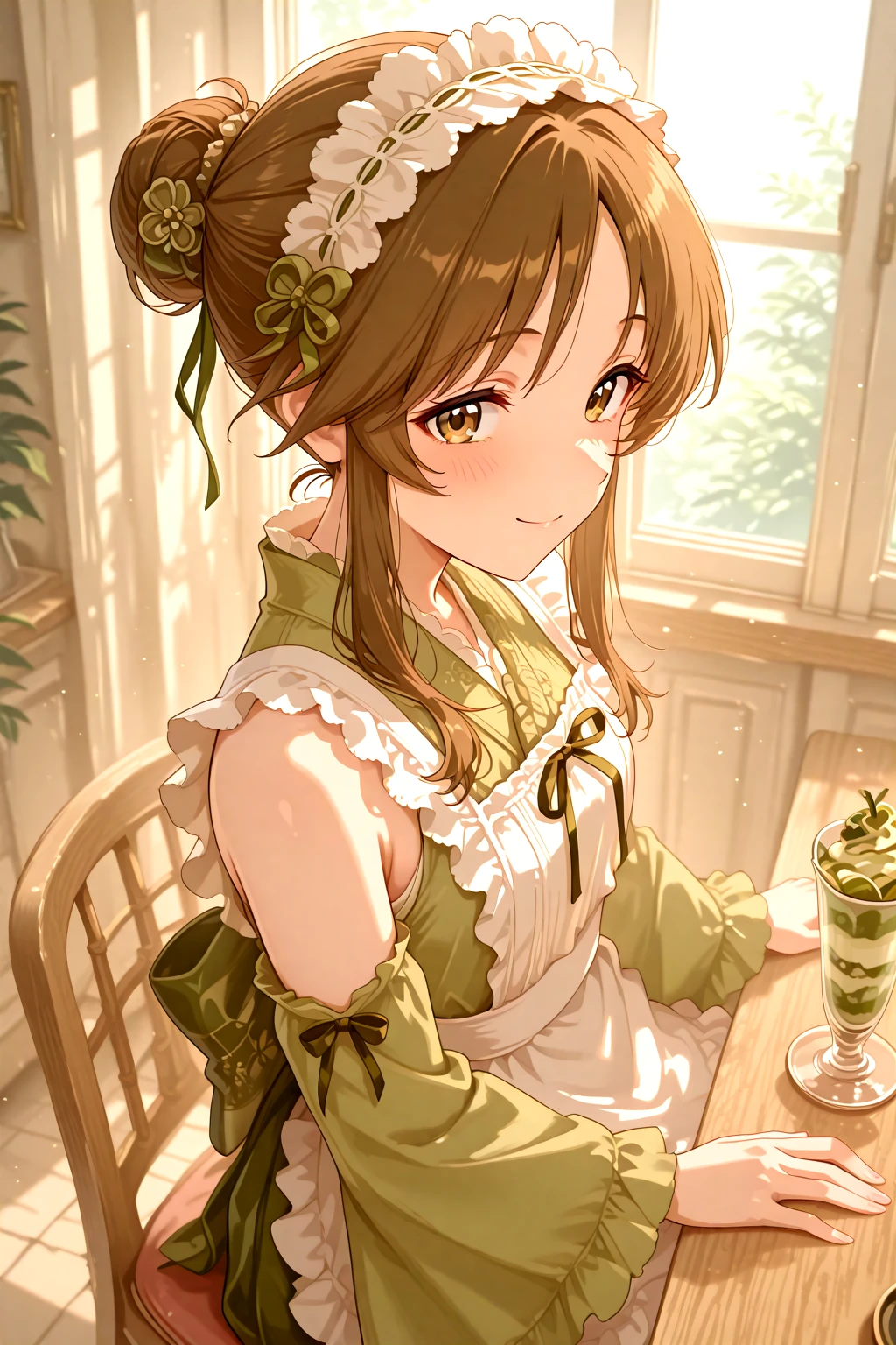 masterpiece, best quality, amazing quality, 1girl, solo, makeup, general, cowboy shot, looking at viewer, blush, dramatic angle, smile, cafe, indoors, fancy, blush, lovely, window, sunlight, table, matcha parfait on table, sitting, sit on chair, <lora:Takamori_Aiko_Cinderella:1>, Takamori_Aiko_Cinderella, long hair, brown hair, brown eyes, sidelocks, straight hair, single hair bun, <lora:MatchaCore_Miku_Matcha_Green_Tea_Parfait_Dress:1>, MatchaCore_Miku_Matcha_Green_Tea_Parfait_Dress, frills, japanese clothes, green kimono, frilled kimono, green dress, wide sleeves, green sleeves, wa maid, maid headdress, hair ornament, maid apron, white apron, frilled apron, ((detached sleeves)), frilled sleeves, ribbon, bow, back bow, hair flower, <lora:wai-A3-V140:1>, <lora:illustrious_noobai_epsilon_pred_1_masterpieces_v1:1>