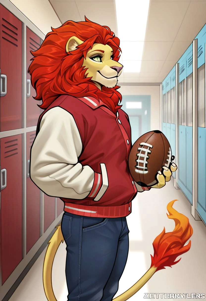 beautiful, best quality, detailed, zetterburnLovers, lion, furry, mane, yellow fur, red mane, red hair, flame-tipped tail, smile, standing, hand in pocket, holding football, football under shoulder, letterman jacket, jeans, three quarter portrait, solo, 1boy, indoors, hallway, lockers, school hallway