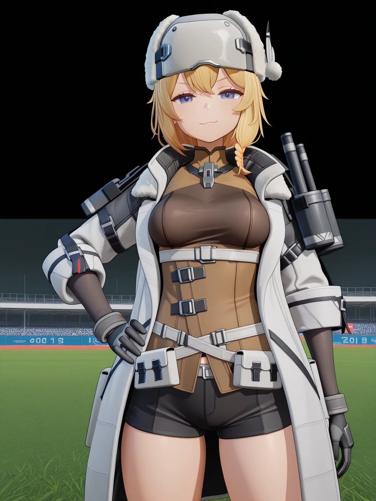 masterpiece, best quality, amazing quality,, <lora:mosin-nagant-gfl2-ingame-illustriousxl-lora-nochekaiser:1>, mosin nagant, long hair, blue eyes, blonde hair, bangs, braid, mature female, medium breasts, short ponytail, 3d, gloves, hat, jacket, open clothes, shorts, black gloves, coat, fur trim, white headwear, white jacket, white coat, fur hat, ushanka, smug, hand on own hip,, soccer field, grass, goal, players, sport, cowboy shot, solo, looking at viewer, <lora:transparent-background-illustriousxl-lora-nochekaiser:1>, transparent background, simple background, white background