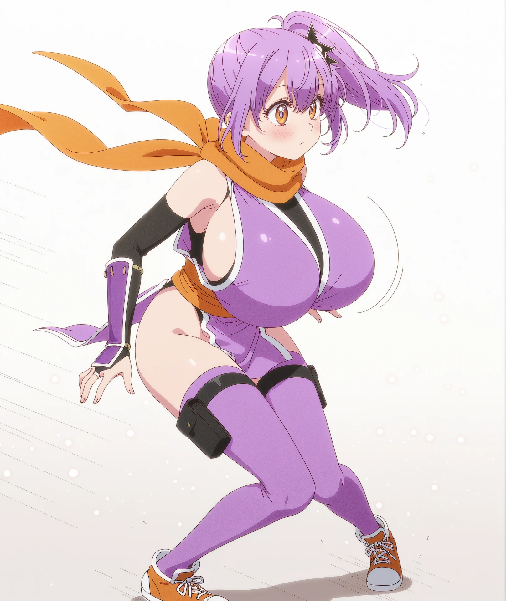 ((sherry)), official anime artwork, looking at viewer, collar, (purple hair:1.4), multiple ahoge, (dark red-gold eyes:1.2), gold eye accent, (hair_ornament:1.4), twin-tails, hair_tie, young female, beautiful nose, beautiful character design, perfect eyes, perfect face, expressive eyes, perfect lighting, shiny skin, flushed skin, blushing face, lewd smile, gravure, pinup, long thin pointy ears, (solid colors:1.4), dark red-gold eyes, (sherry), beautiful finger, beautiful very long legs, beautiful body, long thin pointy ears, (all visible leg skin covered by tights:1.2), (all visible stomach skin covered by tights bodysuit:1.4), (all visible hips skin covered by tights bodysuit:1.4), arms completely visible, (arms showing skin:1.2), (pink sleeveless buttoned top:1.6), (pink outfit:1.2), (white trim:1.8), (white lapel:1.4), (thigh-high pink boots with white lapel:1.9), (black belt:1.2), (black garterbelts:1.8), (black garterbelts connecting boots to shorts:1.4), (boots pulled up by bootstraps:1.4)