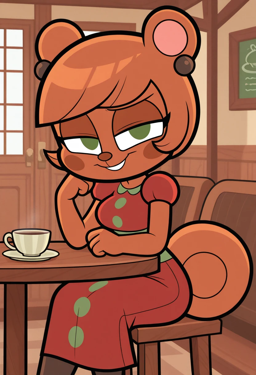 solo, kiff,  having coffee, holding cup, body fur, fur tufts, fur fluff, mouth closed, eyelashes, bald, [young], [[[[round eyes]]]], noodle arms, noodle legs, looking at viewer, sitting on chair, inside, cafe, (Kiff style), 2d, (big bushy squirrel tail), sfw,  <lora:Kiff_Disney:1>   <lora:Table_Town_Scenery_and_More_Kiff:0.5>