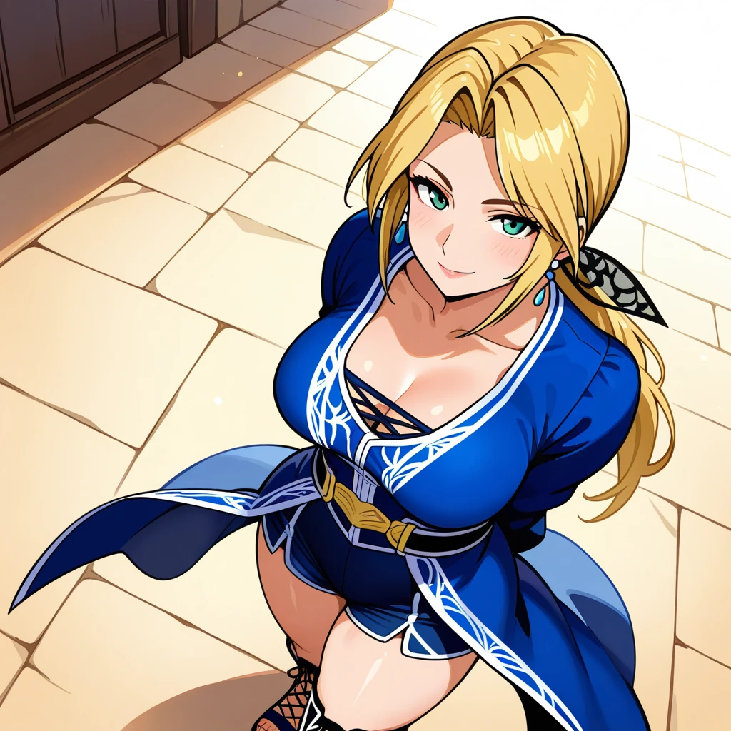 Masterpiece, doaHelena, ponytail, solo, 1girl, upper body, earrings, collarbone, blue dress, long sleeves, belt, cleavage, thigh boots