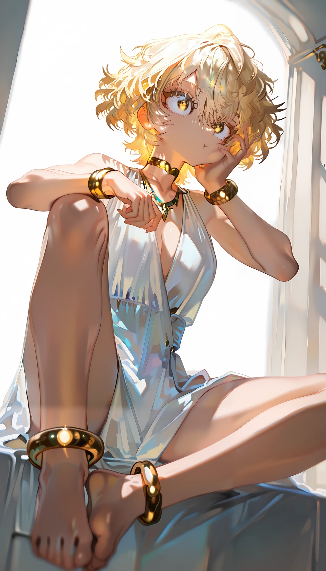 femboi， ((Masterpiece)), (Cute: 2.0), The face is extremely detailed, Enchanted expression, Strong gaze, Black Double French Braid, (Thin structure),Slightly round face, Tanned brown face, Healthy face, Big eyes, Thin thighs, (Small chest), confident pose, harsh, Almond-shaped eyes, rich palette,choker necklace,3D，open-toe high heels, goddess,open-toe high heels, goddess, Lean-yet-toned body/androgynous body aesthetic, spasm，tgirl