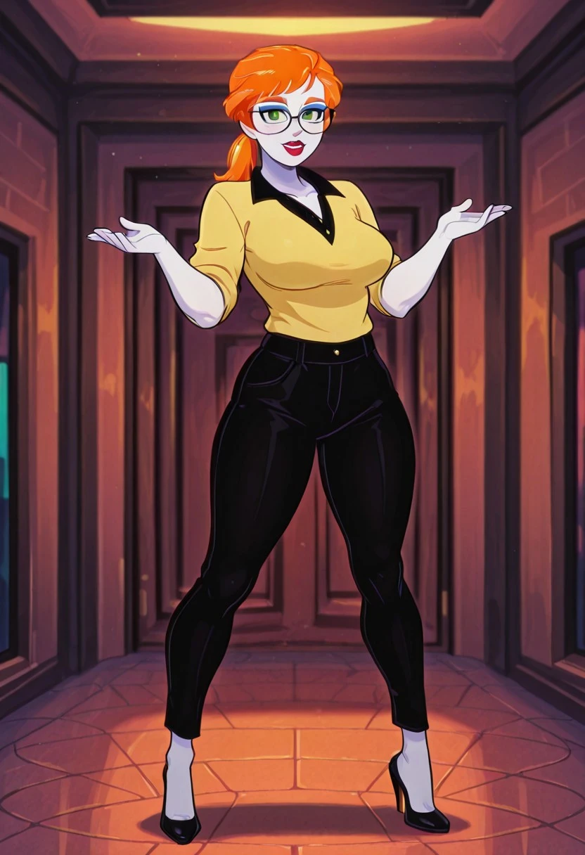 ChrysalisTateMC, 1girl, solo, pale skin, orange hair, ponytail, bangs, glasses, green eyes, eyeshadow, makeup, full lips, red lipstick, yellow shirt, black collar, rolled up sleeves, large breast, thick thighs, black pants, shoes, high heels, without socks,
masterpiece, best quality, fine details, intricate details, depth of field, subsurface scattering, bokeh, ultra-detailed, very aesthetic, detailed background, newest, scenery, highres, absurdres, colorful, vibrant, glowing, perfect face, 2d, perfect eyes, vibrant saturated colors, volumetric lighting, sharp, detailed eyes, perfect anatomy, perfect face, perfect eyes, mature body, clear eyes, beautiful eyes, athletic, curvy body, athletic girl, perky tits, perfect tits, round breasts, pinup pose, teasing, lustful expression, perfect hands,
muscular female, dutch angle, dynamic pose,
,Smooth Negative, Smooth_Quality,
