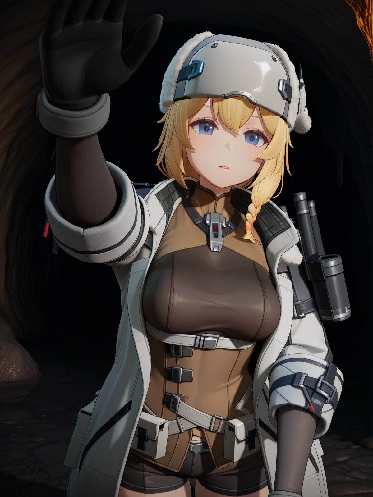 masterpiece, best quality, amazing quality,, <lora:mosin-nagant-gfl2-ingame-illustriousxl-lora-nochekaiser:1>, mosin nagant, long hair, blue eyes, blonde hair, bangs, braid, mature female, medium breasts, short ponytail, 3d, gloves, hat, jacket, open clothes, shorts, black gloves, coat, fur trim, white headwear, white jacket, white coat, fur hat, ushanka, <lora:incoming-headpat-illustriousxl-lora-nochekaiser:1>, incoming headpat, headpat, pov, outstretched arm, reaching, reaching towards viewer, looking at viewer, parted lips, blush, cowboy shot, cave, darkness, rocks, underground, stalactites, cowboy shot, solo, looking at viewer,