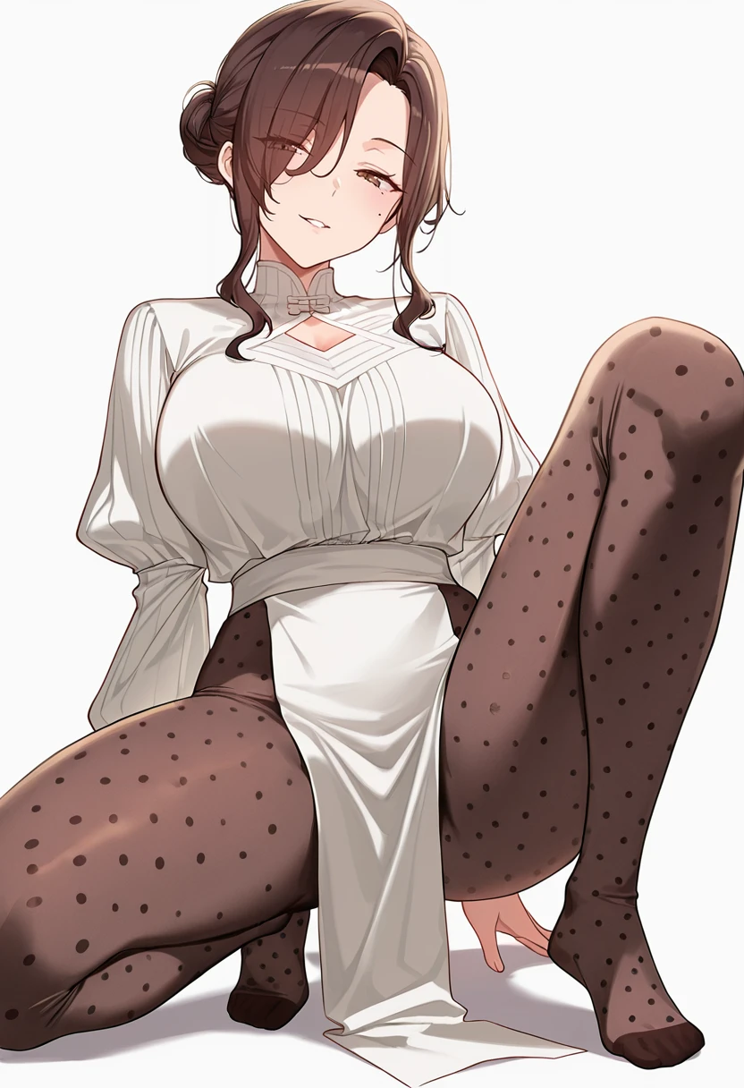 female anthro Snow leopard,Brown long fluffy hair, fluffy hair, squirrel ears, Snow leopard, big breasts, attractive, secretary clothes, thicc body, thicc, freckles, freckles on face, neutral expression, smug eyes, skirt, black skirt, garter belt tights, looking at viewer, front view, spreading legs showing her wite_panties she is standing (thick thighs:1.5) ((low angle view))