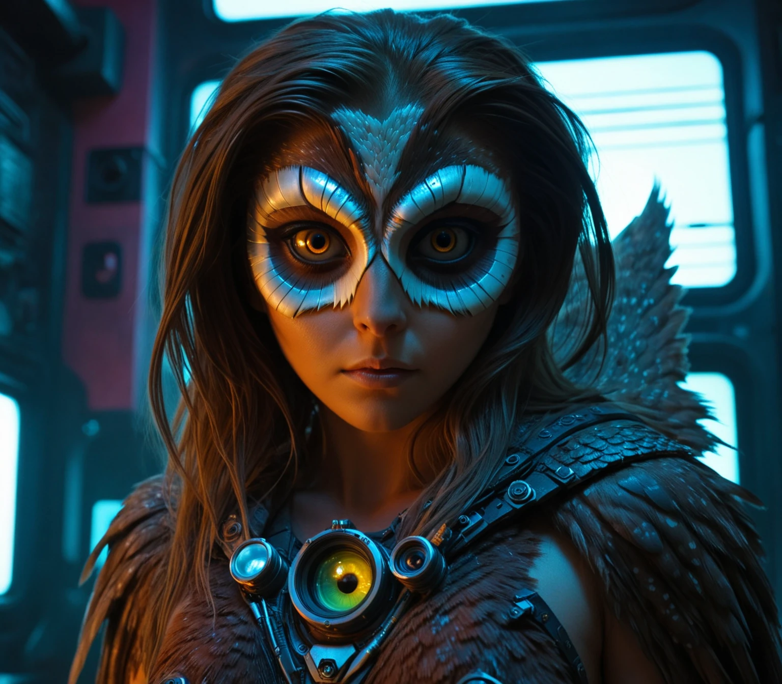 (Experimental Film style:1.5), (cinematic masterpiece), High Fantasy, hyper-realistic, cinematic color grading, fine details, vivid colors, A wild looking (Owl Anthro girl), a dystopian future where privacy no longer exists, a cyberpunk world where corporations rule, Highly detailed background, creative composition, intricate details, epic, movie still