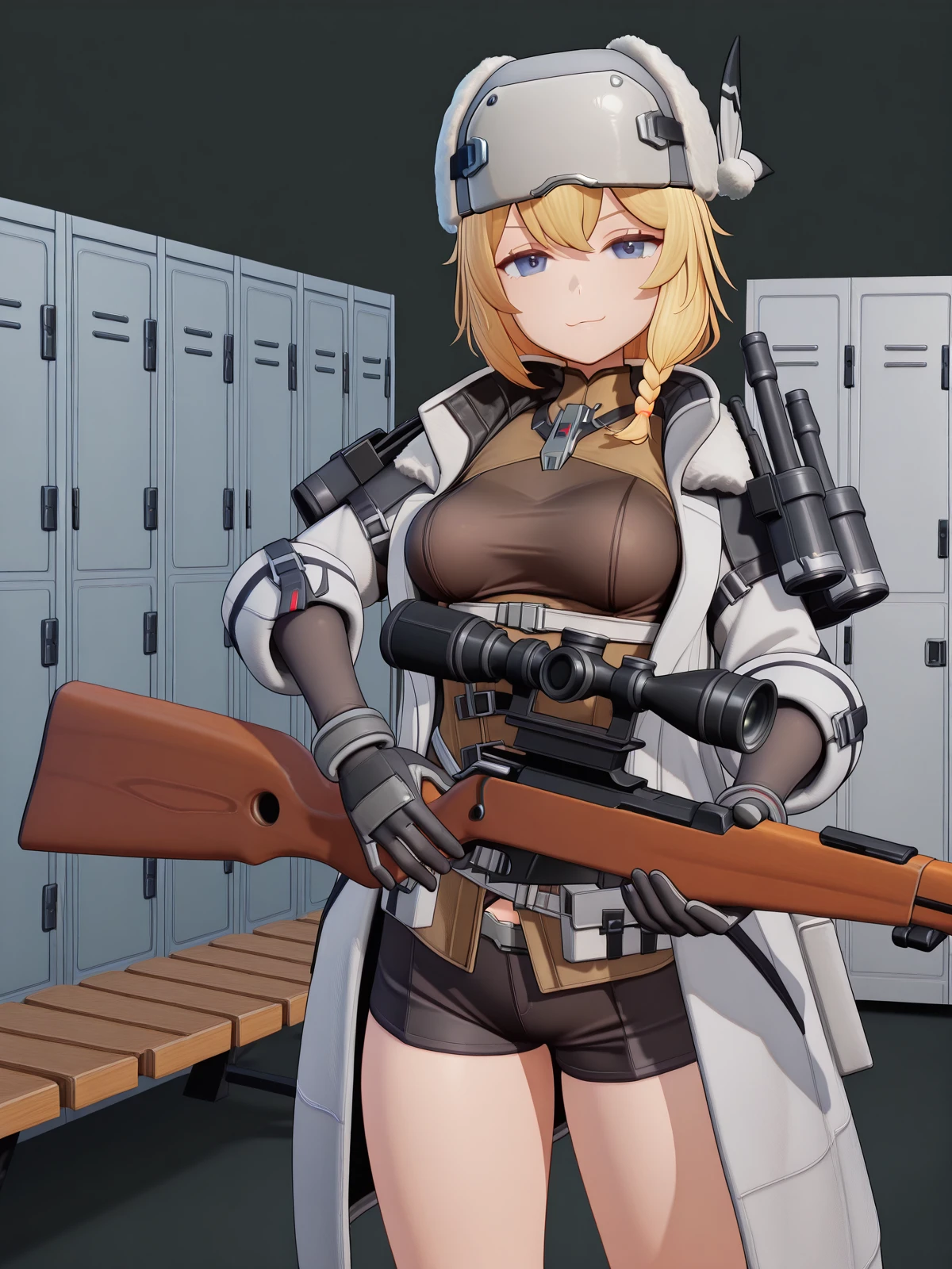 masterpiece, best quality, amazing quality,, <lora:mosin-nagant-gfl2-ingame-illustriousxl-lora-nochekaiser:1>, mosin nagant, long hair, blue eyes, blonde hair, bangs, braid, mature female, medium breasts, short ponytail, 3d, gloves, hat, holding, closed mouth, jacket, weapon, open clothes, shorts, black gloves, holding weapon, coat, fur trim, gun, white headwear, white jacket, holding gun, rifle, white coat, sniper rifle, fur hat, scope, bolt action, ushanka, smug, hands on own hip,, changing room, lockers, benches, clothes, privacy, cowboy shot, solo, looking at viewer, <lora:transparent-background-illustriousxl-lora-nochekaiser:1>, transparent background, simple background, white background