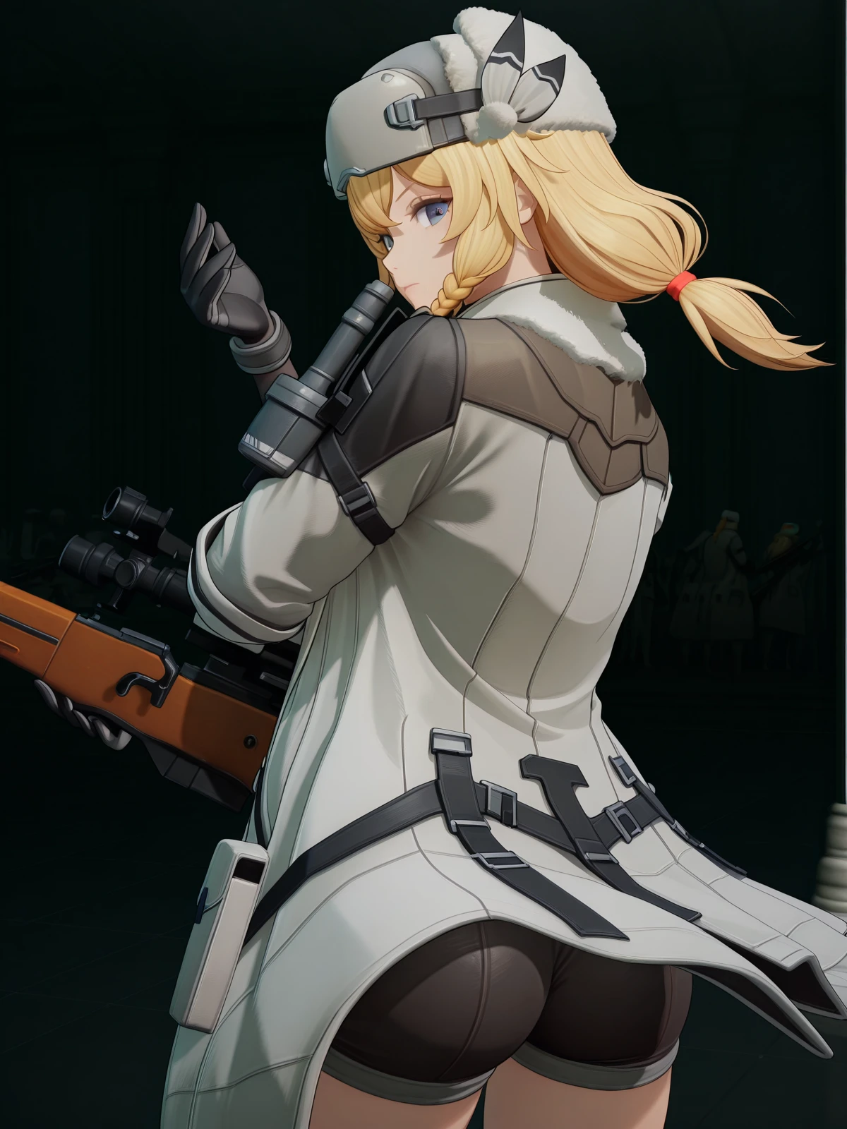 masterpiece, best quality, amazing quality,, <lora:mosin-nagant-gfl2-ingame-illustriousxl-lora-nochekaiser:1>, mosin nagant, long hair, blue eyes, blonde hair, bangs, braid, mature female, medium breasts, short ponytail, 3d, gloves, hat, holding, closed mouth, jacket, weapon, open clothes, shorts, black gloves, holding weapon, coat, fur trim, gun, white headwear, white jacket, holding gun, rifle, white coat, sniper rifle, fur hat, scope, bolt action, ushanka, <lora:dio-brandos-pose-illustriousxl-lora-nochekaiser:1>, dio brandos pose, dio brando's pose (jojo), back, ass, from behind, jojo pose, standing, upper body, museum, exhibits, art, history, visitors, cowboy shot, solo, looking at viewer,