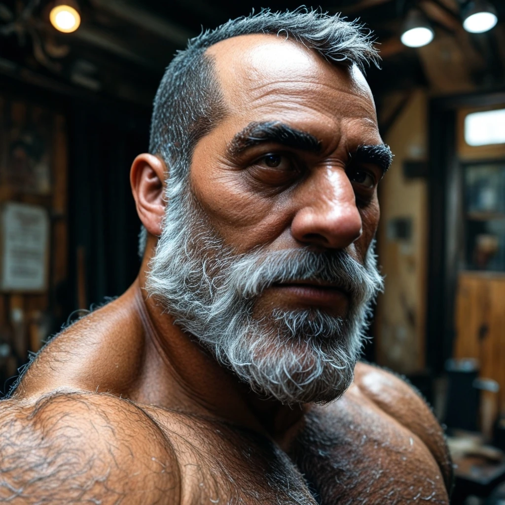 (masterpiece, intricately detailed, highest resolution, best quality:1.2),a cocky indian male model,a 80 y.o muscle dad with a muscular physique sitting on a chair with black eyes,bald head, signature mustache, dark-skinned male, huge beard, mutton- chops, ((excessive ??????? on body:1.2)), wearing chest harness, bracelets, necklace, jewelry, flaccid ?????,saggy balls,hairy chest,vascular,muscle striations,soft light,fantastic realism,