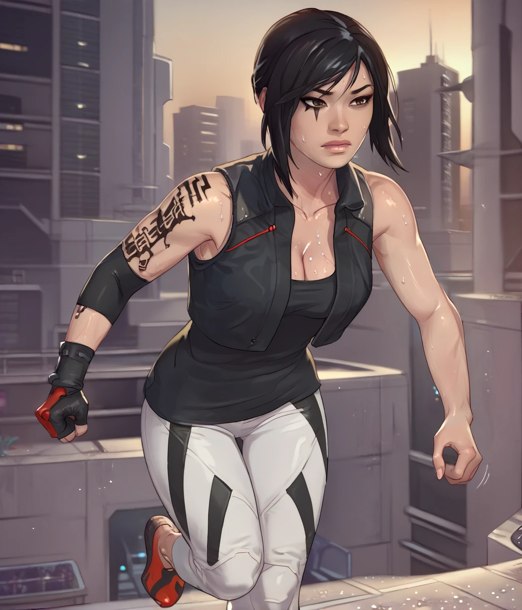 score_9, score_8_up, score_7_up, score_6_up, score_5_up, score_4_up, 
faithcxl, brown eyes, black hair, 
eye mark, sweat, running, 
black shirt, vest, cleavage, clenched hand, glove, 
evening, 
science fiction, rooftop, city, 
<lora:FaithConnorsMEC-12v6:1>,