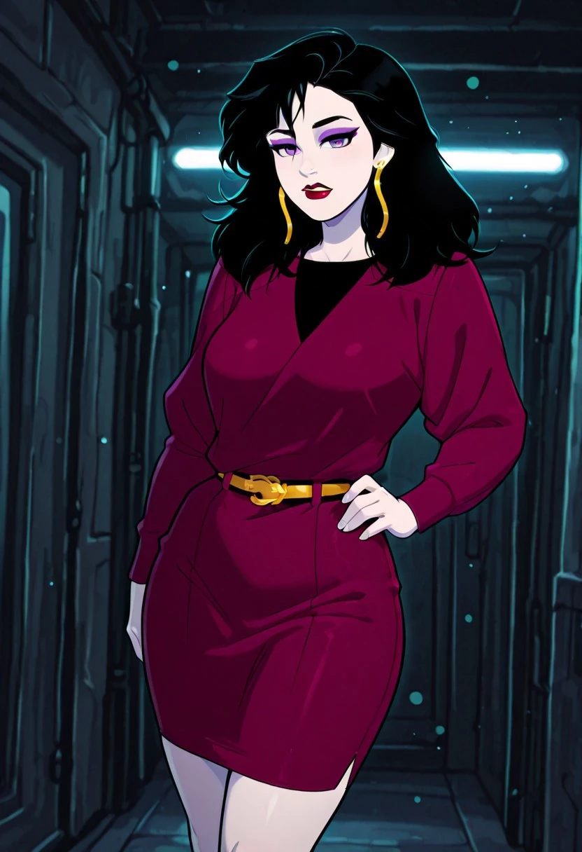 PizzazMillerMC, 1girl, solo, pale skin, black hair, long hair, bangs, messy hair, earrings, purple eyes, eyeshadow, makeup, full lips, red lipstick, plum purple dress, large breast, belt, thick thighs, long sleeves, shoes,
masterpiece, best quality, fine details, intricate details, depth of field, subsurface scattering, bokeh, ultra-detailed, very aesthetic, detailed background, newest, scenery, highres, absurdres, colorful, vibrant, glowing, perfect face, 2d, perfect eyes, vibrant saturated colors, volumetric lighting, sharp, detailed eyes, perfect anatomy, perfect face, perfect eyes, mature body, clear eyes, beautiful eyes, athletic, curvy body, athletic girl, perky tits, perfect tits, round breasts, pinup pose, teasing, lustful expression, perfect hands,
muscular female, dutch angle, dynamic pose,
,Smooth Negative, Smooth_Quality,