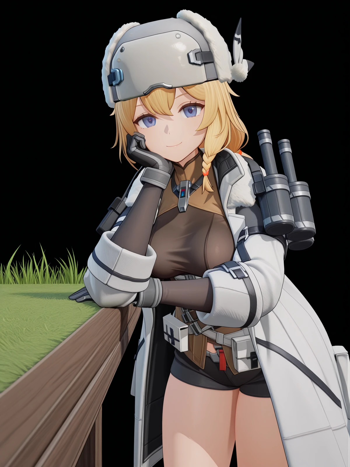 masterpiece, best quality, amazing quality,, <lora:mosin-nagant-gfl2-ingame-illustriousxl-lora-nochekaiser:1>, mosin nagant, long hair, blue eyes, blonde hair, bangs, braid, mature female, medium breasts, short ponytail, 3d, gloves, hat, jacket, open clothes, shorts, black gloves, coat, fur trim, white headwear, white jacket, white coat, fur hat, ushanka, head rest, smile,, plain, grass, open, vast, sky, cowboy shot, solo, looking at viewer, <lora:transparent-background-illustriousxl-lora-nochekaiser:1>, transparent background, simple background, white background