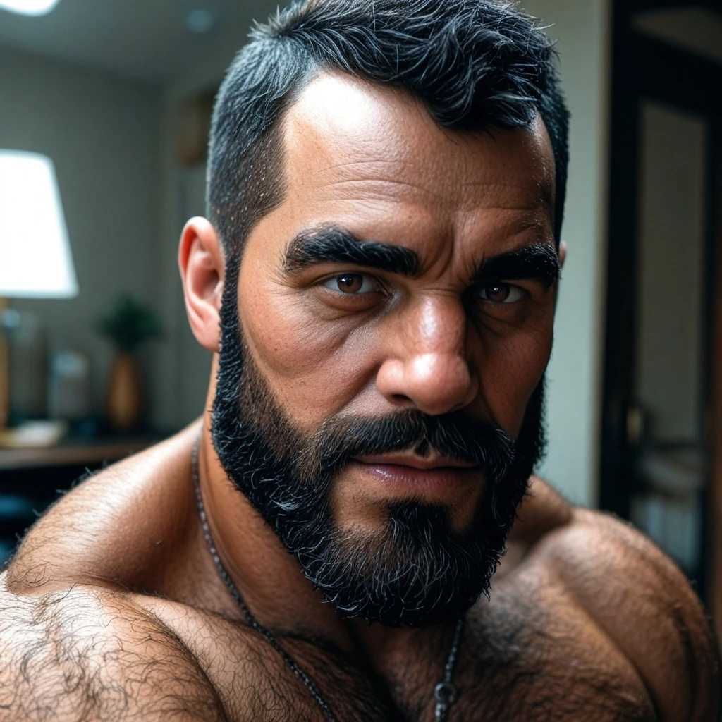 a close up of a middle age mature man with a hairy body and no shirt and pants, hairy chest, hairy chest and hairy body, masculine and strong, strong masculine features, furry chest, strong and imposing, very beautiful. big muscles, hairy torso, beefy, erotic-shot of a hunky, big chest, bare hairy chest, partially male hairy torso, fluffy chest, hairy big dick glistening with precum, hairy big cum filled balls.