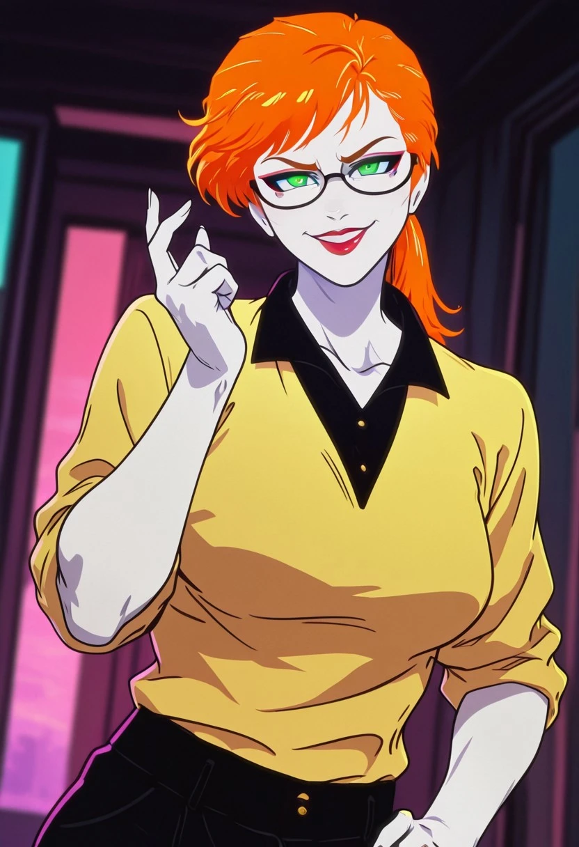 ChrysalisTateMC, 1girl, solo, pale skin, orange hair, ponytail, bangs, glasses, green eyes, eyeshadow, makeup, full lips, red lipstick, yellow shirt, black collar, rolled up sleeves, large breast, thick thighs, black pants, shoes, high heels, without socks,
masterpiece, best quality, fine details, intricate details, depth of field, subsurface scattering, bokeh, ultra-detailed, very aesthetic, detailed background, newest, scenery, highres, absurdres, colorful, vibrant, glowing, perfect face, 2d, perfect eyes, vibrant saturated colors, volumetric lighting, sharp, detailed eyes, perfect anatomy, perfect face, perfect eyes, mature body, clear eyes, beautiful eyes, athletic, curvy body, athletic girl, perky tits, perfect tits, round breasts, pinup pose, teasing, lustful expression, perfect hands,
muscular female, dutch angle, dynamic pose,
upper body, standing, contrapposto, hand on hip, beckoning, come hither, hand up, head tilt, chin up, taunting, glowing eyes, facing viewer, looking at viewer, glaring at viewer, arrogant, devilish, evil grin
,Smooth Negative, Smooth_Quality,
dark_fantasy_style, dark fantasy, retro,