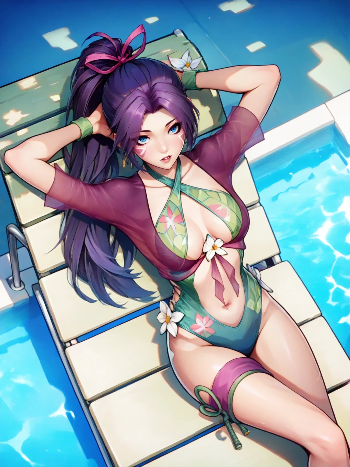 rating explicit, yoruichi Yoruichi Shihōin, mature woman, full body, red bikini, sit in water, hands behind head, sensual, smile