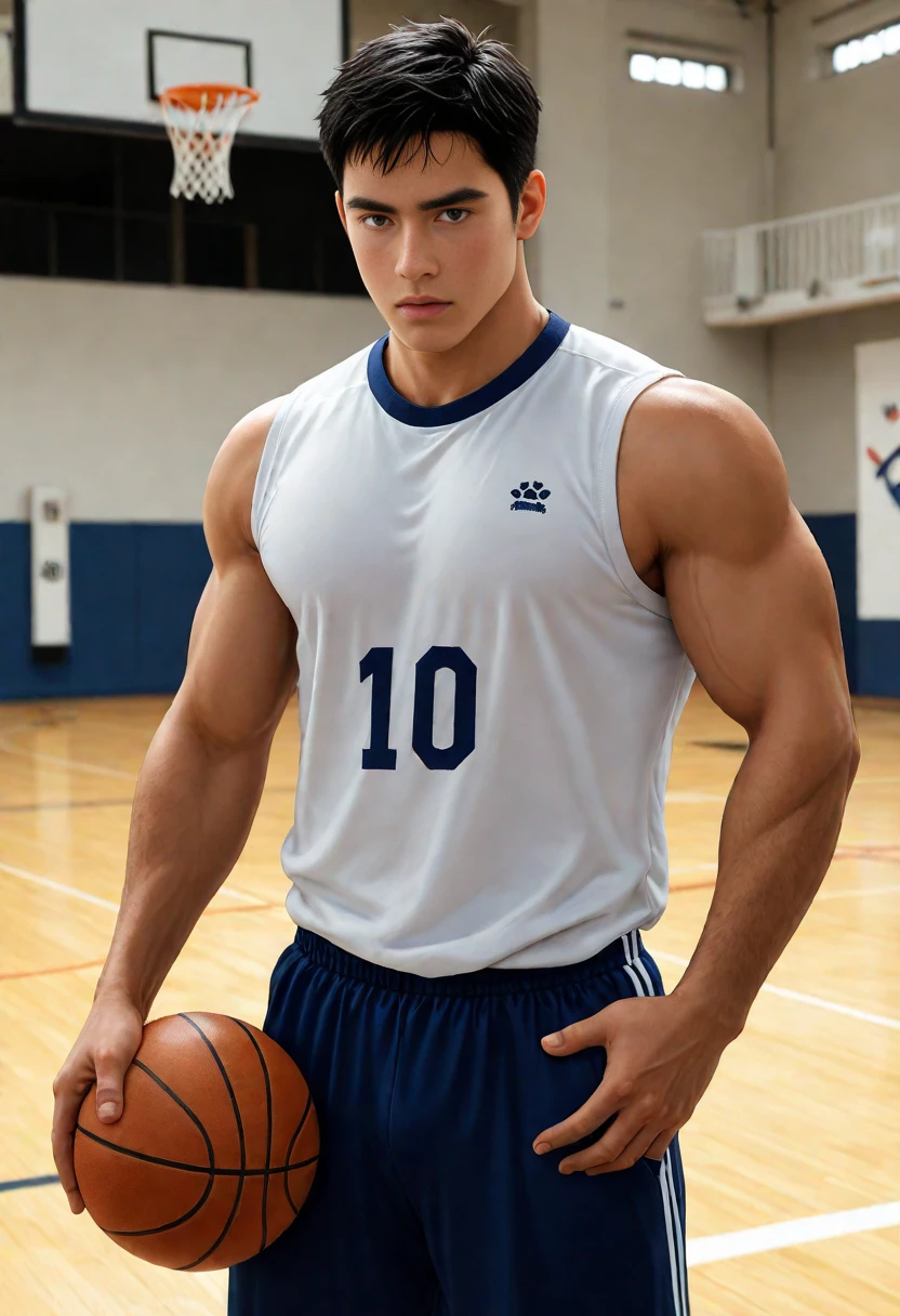 Boy on volleyball court，sweat leggs，Photos during exercise，Volleyball costumes，，Masculine，Exquisite facial features，virile，musculature，rich facial detail（（The crotch is raised））full bodyesbian